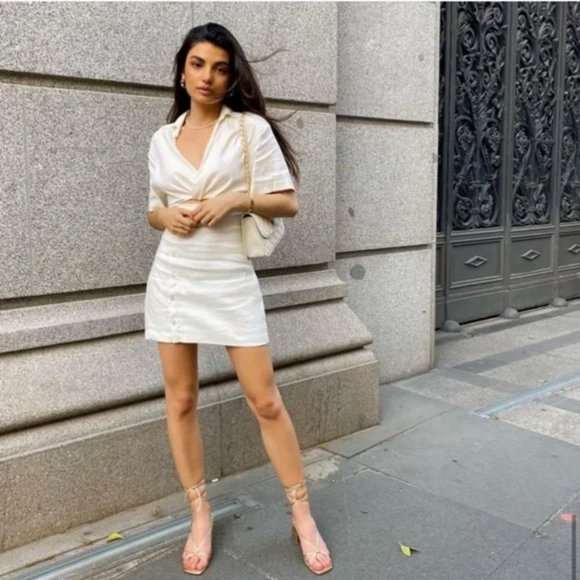 ZARA CutOut Linen Blend Collared Button Dress - Picture 6 of 15